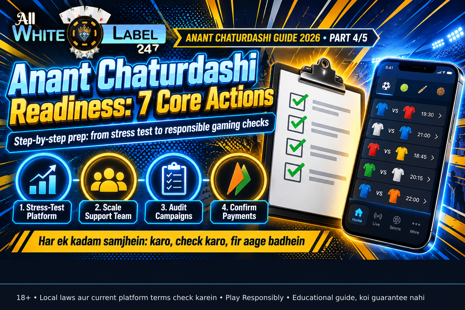 A clipboard displaying a readiness checklist with four completed tasks for Anant Chaturdashi preparation