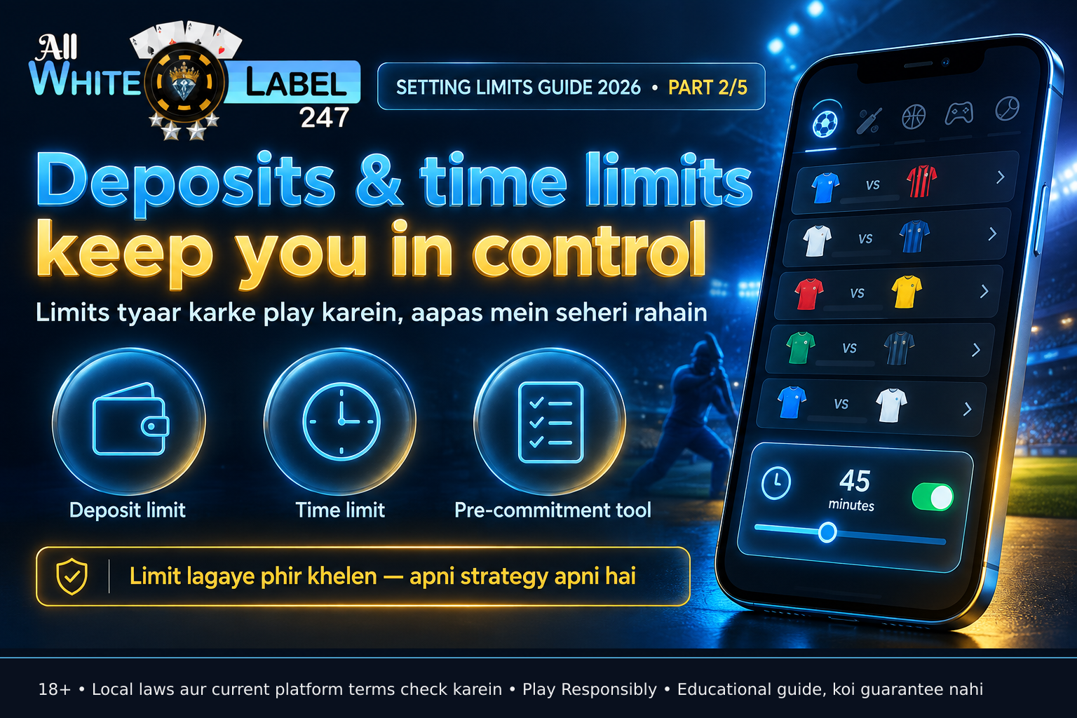 Mobile display of a responsible gaming time limit set to 45 minutes, showing the limit is active and ready for use