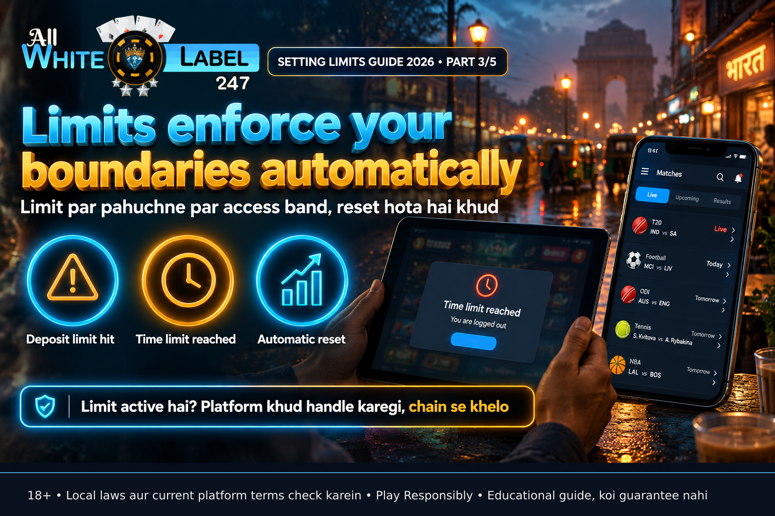 Tablet display of a responsible gaming alert indicating time limit has been reached and user is being logged out