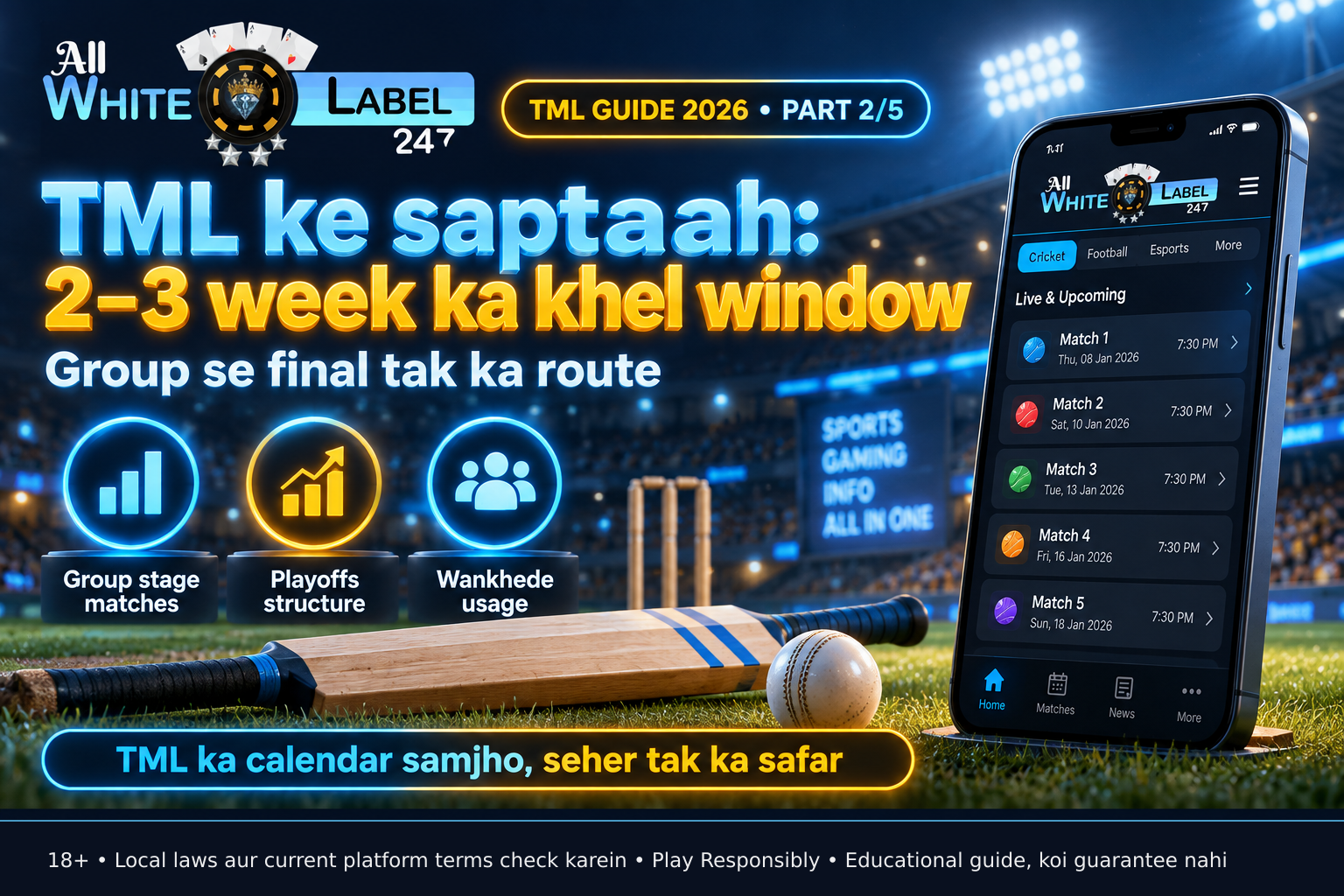 A cricket bat placed horizontally on a pitch with a white ball near the toe, wickets slightly out of focus in the background, natural grass texture, no logos or text
